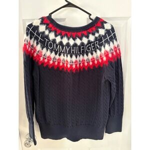 Tommy Hilfiger Mens XL Cable Knit Sweater Navy Blue Red White Fair Isle Logo